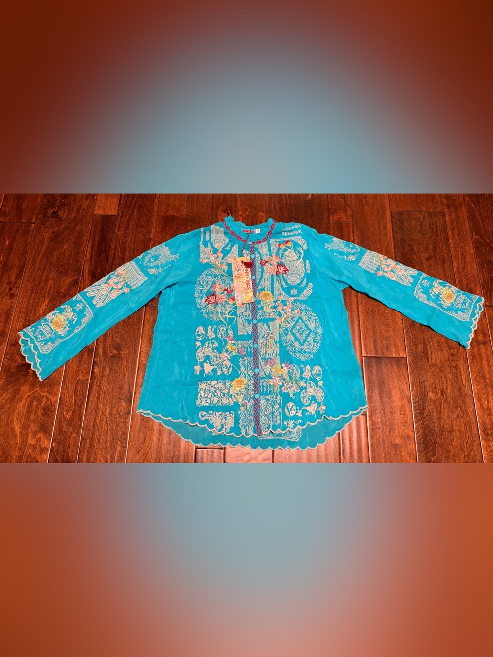 Johnny Was Turquoise Floral Embroidered Tunic Top - Picture 2 of 14